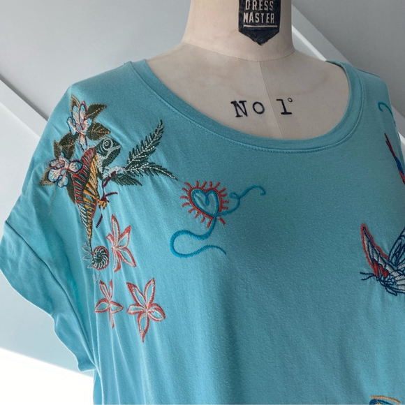 Johnny Was Zoe Relaxed Embroidered Short Sleeve Tee Shirt Blue Green Size L - Picture 7 of 16
